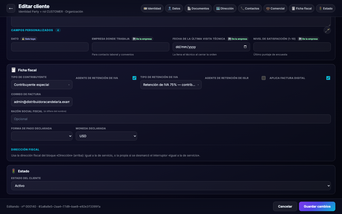 Pantalla: Ficha fiscal del cliente